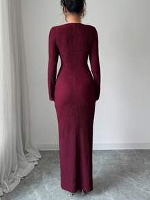 Modelyn Damen gestricktes rotes langärmliges figurbetontes Kleid aus strukturiertem Stoff, geeignet für Ausgänge - Rot - Übersicht 2