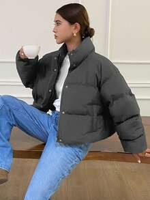 DAZY 前开式宽松女式夹棉大衣、长袖夹克 - 灰色 - 查看 4