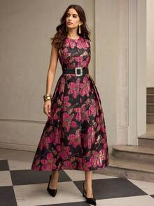 ZEYLAH Women's Jacquard Waist Flared Dress, Autumn/Winter - Hot Pink - View 2