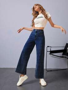 Jeanoix Quần jean denim ống rộng màu trơn có túi - Rửa tối - Xem 3