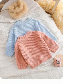 SHEIN Newborn Baby Girl Cute Versatile Solid Color Long Sleeve Sweater, Autumn/Winter - Baby Blue - View 2