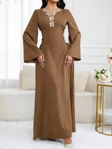 Al Najma 女士蕾丝拼布V领优雅长袖土耳其和阿拉伯传统长裙 - 棕色 - 查看 6
