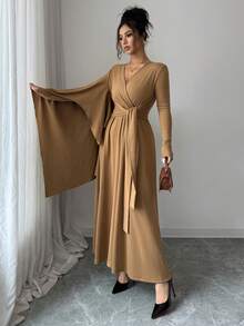 SHEIN Elenzya Women's Solid Color Crossed V-Neck Tie Waist Elegant Dress - Coral Pink - View 1