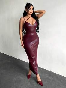 SHEIN SXY Váy bó sát da PU màu trơn dành cho nữ - Màu Đỏ Sâu - Xem 4