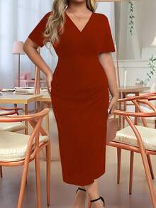 EMERY ROSE Plus Size Women Elegant V-Neck Short Sleeve Solid Color Ruched Midi Dress - Rust Brown - View 4