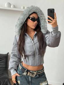 Coolane Women's Winter Streetwear Basic Coat With Flannelette Hat Fuzzy Warm/ Cold Weather/ Thermal Stretchy Tight Waist Black Fur Collar Hat Long Sleeve Padded Coat,Women's Winter Clothes - Grey - View 3