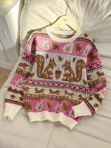 Franclia 新款叶子和松鼠图案圆领长袖套头毛衣 - 玫紅色 - 查看 5