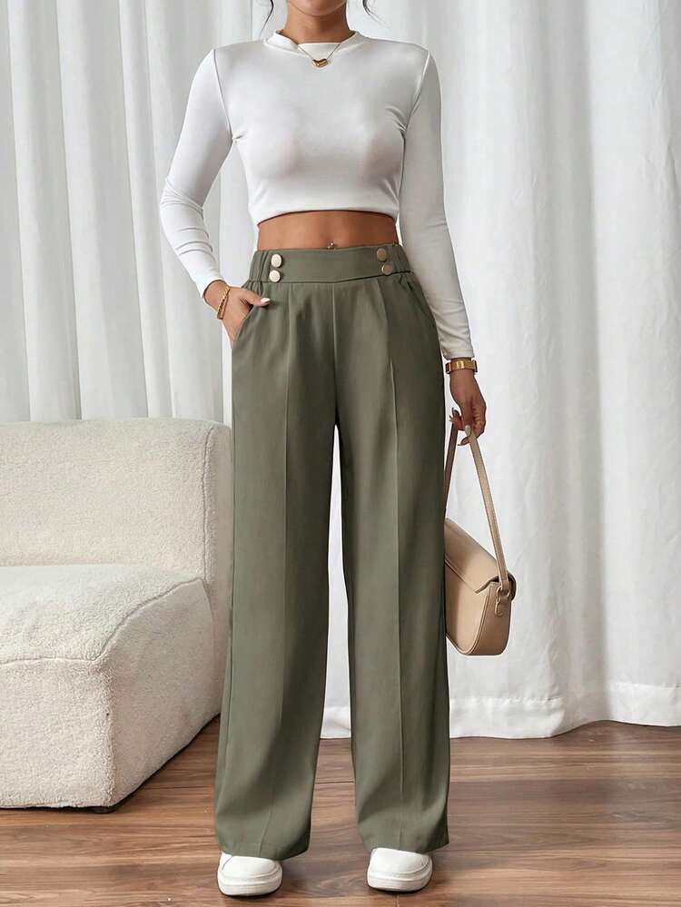 SHEIN Frenchy Women's Double Buckle Straight Leg Elegant Commuter Pants Winter Green Casual Christmas Spring - Army Green - View 3