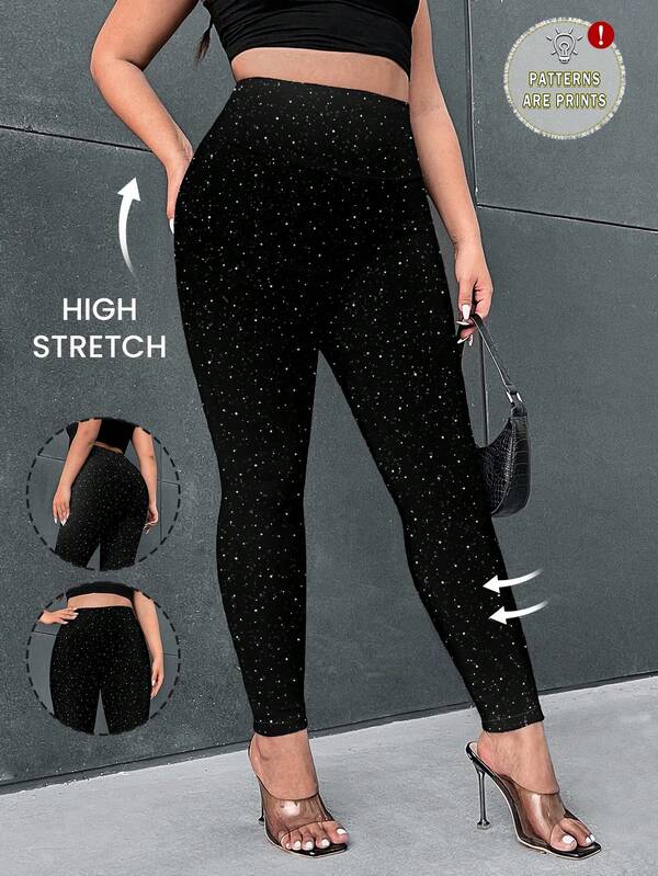 Firerie Plus Size Women High Waist Shiny Sequin Elastic Skinny Leggings Sparkly Pants Glitter Pants Sequin Party Clothes Stretchy Pants Rhinestone Pants Star Print Pants Black Disco Pants Star Print Leggings Black Sparkle Pants Star Pants Black Capris For Women Graphic