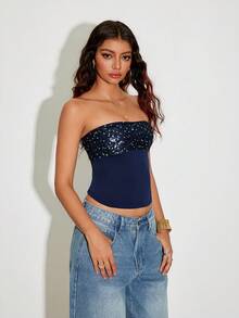 TRNVIE 女士性感露背吊带背心，串珠拼接，松紧腰身，适合夏季度假 - 藏蓝色 - 查看 3