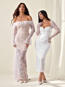 SHEIN PETITE Spring And Summer Vacation Date Travel Dress Valentine's Day Dress Small Floral Dress Picnic Dress Elegant Dress Autumn And Winter Elegant Style Lace Splicing Banquet Light Dress Corset Midi Dress Elegant White Dress White Lace Corset Dress White Midi Dress White Satin Dress