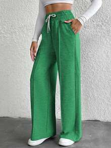 EURMUSE Cotton Petite Drawstring Waist Wide Leg Pants - Dark Green - View 5