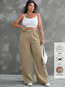 SHEIN Cottnline Plus Drawstring Waist Wide Leg Pants - Camel - View 1