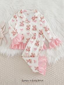 2pcs Baby Girl Cartoon Bear Pattern Contrast Color Lapel Long Sleeve Cardigan Top And Elastic Waist Pants Set Cozy Pixies Baby Girl Set Baby 2 Piece Set Fancy Baby Girl Pajama Set Baby Girl Warm Sets Baby Girl Long Sleeve Set - Multicolor - View 3