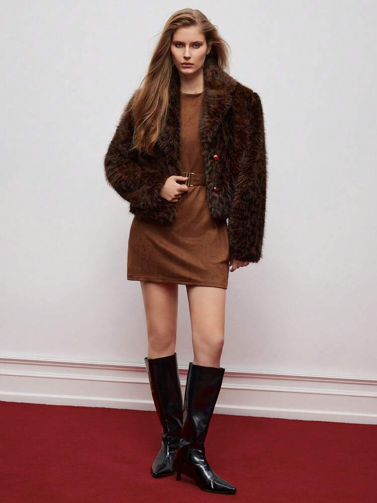 SHEIN Maija Robe courte mini à col rond et manches courtes de couleur unie pour femmes