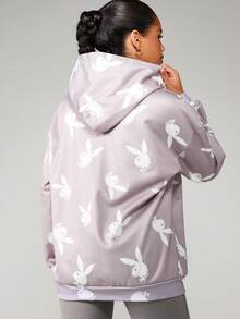 Missguided x Playboy 超大款兔子印花连帽衫长袖套头衫休闲街头风上衣 - 灰色 - 查看 2