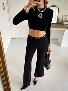 Siren Gaze Women's Casual Metallic Eyelet Flare Pants,Autumn Black Business Bell Bottom Slacks,Elegant Winter Night Wide Leg Dress Pants Fold Over Rhinestone - Black - View 6