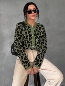 SHEIN Tall 女款豹紋圓領長袖休閒針織開襟衫，秋冬款，適合高個女性 - 軍綠色 - 查看 7