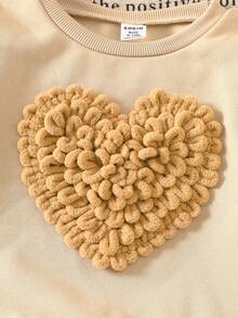 SHEIN 女婴幼儿新生儿 0-3 岁可爱心形图案长袖运动衫和紧身裤套装，日常休闲装，秋冬 - 棕色 - 查看 4