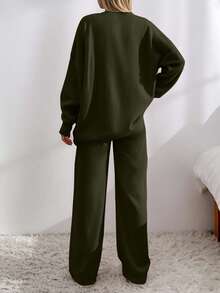 SHEIN Tall Tall Size Women Solid Color Casual Drop Shoulder Cardigan & Tie Front Knit Pants For Everyday Wear - Army Green - View 2