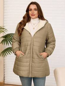EMERY ROSE 冬季大码女式纯色连帽棉服外套 - 卡其色 - 查看 6
