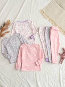 6pcs/Set Baby Girls' Soft & Comfortable Pajama Set, Pink Polka Dot Rabbit Embroidery, Rabbit Ear Decor, Playful & Cute Rabbit Print Home Outfit - Multicolor - View 2