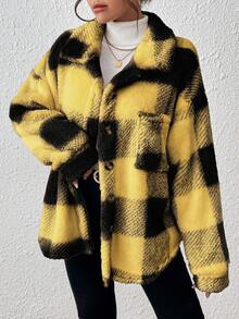 INAWLY 女式黄色格子短款时尚百搭保暖冬季常规夹克