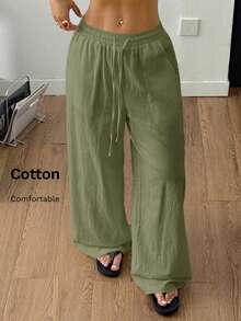 Coolane 女式夏季乡村音乐会外出海滩装波西米亚风基本款简约水洗 100% 纯棉白色裤子弧形下摆裤 - 綠色 - 查看 4