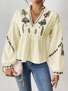 SHEIN LUNE Women's Shirred Graphic Print Long Sleeve Button Shirt Peplum Top - Light Yellow - View 6