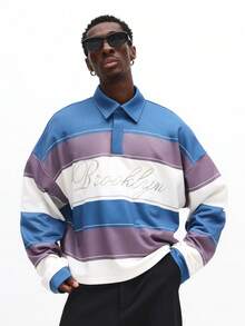 SUMWON Men's Regular Fit Horizontal Striped Rugby Polo With Embroidered Brooklyn Script Casual - Multicolor - View 6