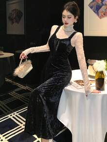 DAZY Fashionable Velvet Jacquard Bow Decor Mid-Length Dress For Women Elegant Women Dresses Prom Dress - Black - View 1