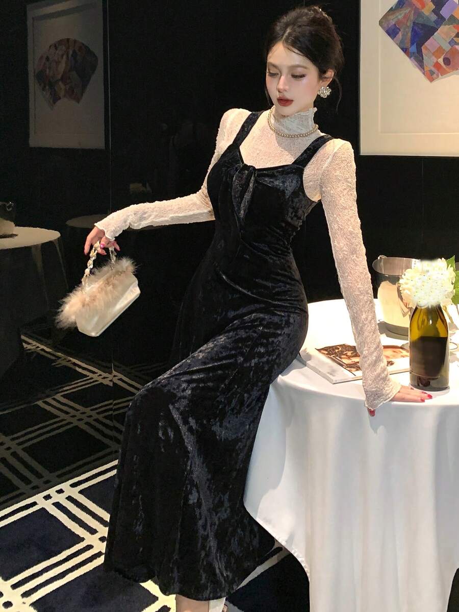 DAZY Fashionable Velvet Jacquard Bow Decor Mid-Length Dress For Women Elegant Women Dresses Prom Dress - Black - View 1