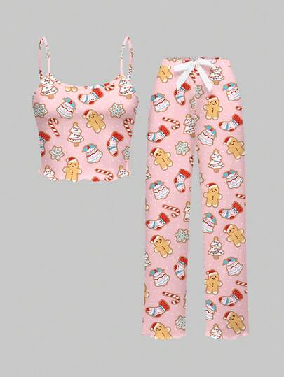 Kawaii Christmas Gingerbread Man, Santa Hat, Snowman, Snowflake Cartoon Print Overall Pajama Set, Casual Loungewear