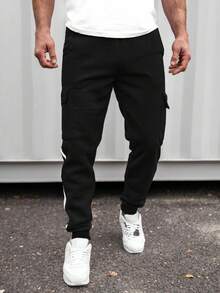 SHEIN 青少年男童休闲条纹灰黑织带口袋抽绳运动裤套装，适合秋季、冬季穿着，保暖舒适，可用于上学、居家、日常穿着、运动、生日派对、郊游等场合。百搭、简约、保暖内衬。 - 黑色 - 查看 2