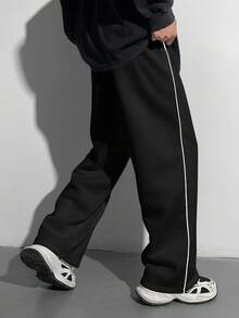 SHEIN 青少年男童宽松直筒裤，撞色黑色饰边，秋冬百搭，适合上学、居家、日常穿着、运动、生日派对、郊游，百搭、简约、复古 - 黑色 - 查看 7