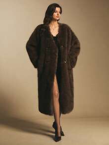 Poéselle Women's Solid Color Long Sleeve Double-Breasted Long Loose Casual Faux Fur Coat, Chocolate Brown Faux Fur Maxi Coat – Elegant Longline Winter Outerwear For Women, Holiday & New Year 2025 Statement, Cosy Winter Ideas, Baddie Street Style, Christmas Party Coat, Luxury For Women, , 70s , 70s Fashion - Brown - View 5