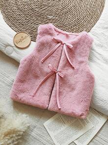Vintaside Kids Young Girls Plush Soft Jacket, Removable Decorative 3D Bow Vest Design, Fashion Countryside Style, Cute Pink, Versatile All-Match Elegant Lady Jacket Vest