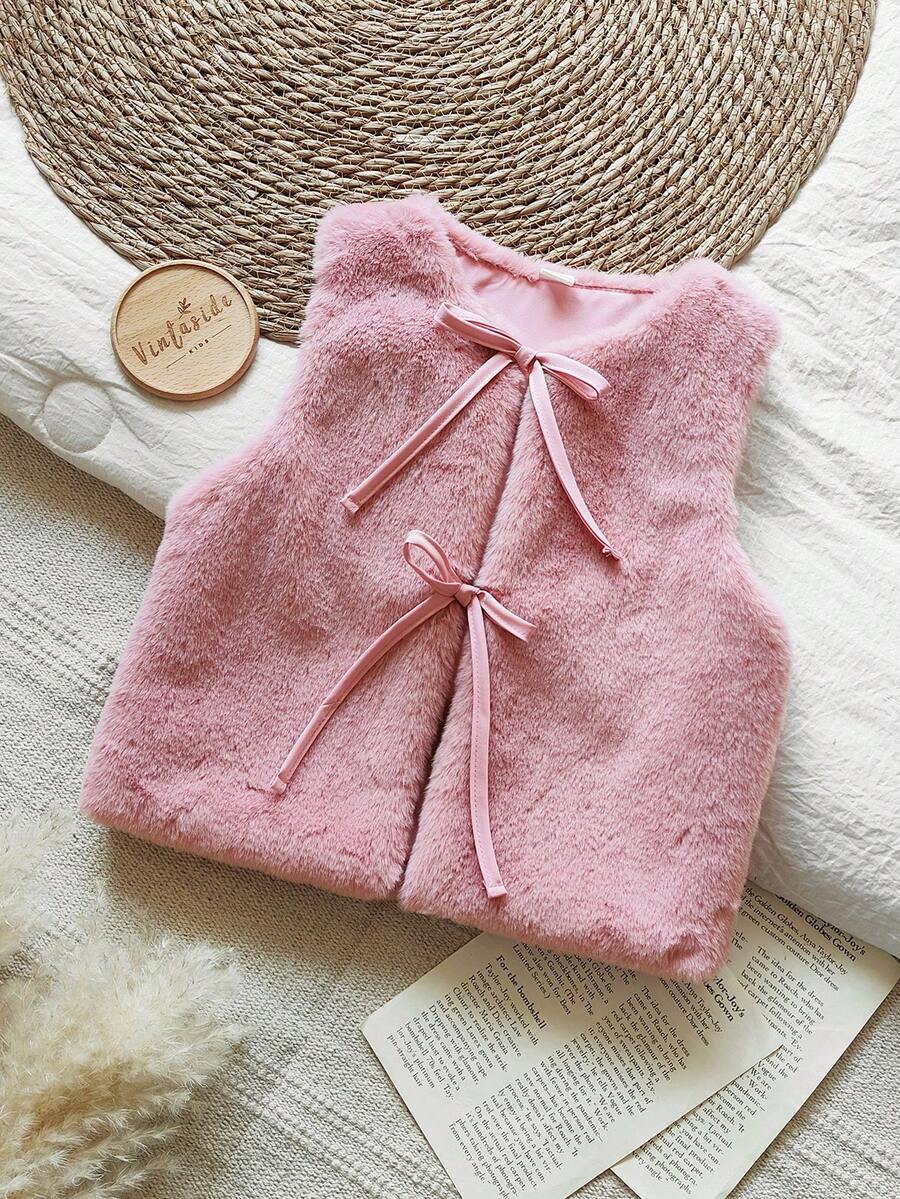Vintaside Kids Young Girls Plush Soft Jacket, Removable Decorative 3D Bow Vest Design, Fashion Countryside Style, Cute Pink, Versatile All-Match Elegant Lady Jacket Vest