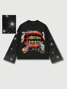 ROMWE MEN Street Life Men's Sparkling Diamond Print Loose Cropped Long Sleeve T-Shirt - Black - View 5