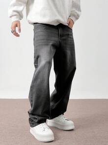 Claim Dot 宽松男士直筒斜口袋休闲牛仔裤 - 深灰色 - 查看 3