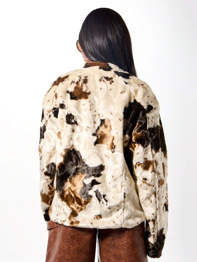 SUMWON WOMEN Oversized Animal Print Faux Fur Biker Jacket