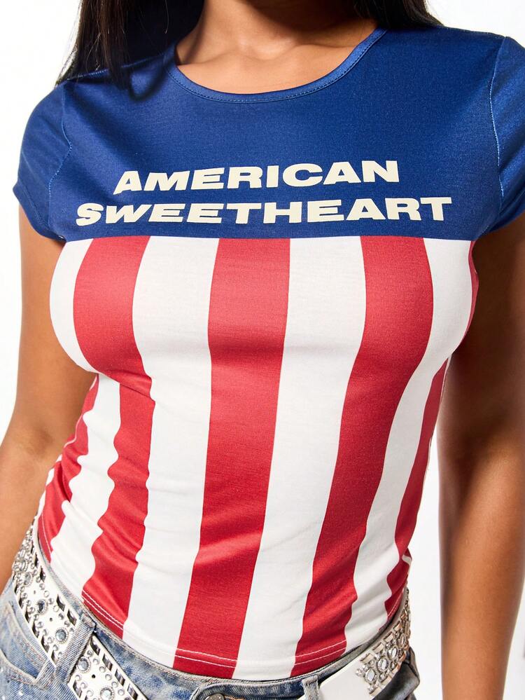 SUMWON WOMEN American Flag Striped Fitted Tee