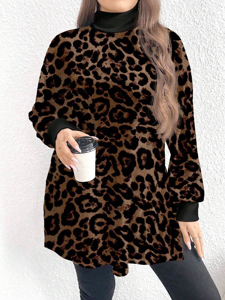 EMERY ROSE 复古豹纹印花休闲简约大码高领长款T恤，春秋 - 彩色 - 查看 1