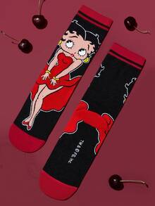 Betty Boop x SHEIN 2 双柔软透气吸湿排汗休闲女士中筒袜，时尚黑白可爱女士中筒袜，加固脚趾和脚跟，经久耐用，四季百搭，夏季冬季 - 彩色 - 查看 9