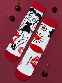 Betty Boop x SHEIN 2 双柔软透气吸湿排汗休闲女士中筒袜，时尚黑白可爱女士中筒袜，加固脚趾和脚跟，经久耐用，四季百搭，夏季冬季 - 彩色 - 查看 10