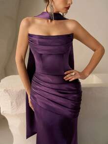 Coutiva Váy dạ hội trang trọng xếp ly màu trơn thanh lịch dành cho nữ (được trang trí nhiều chi tiết) - Màu tím - Xem 2