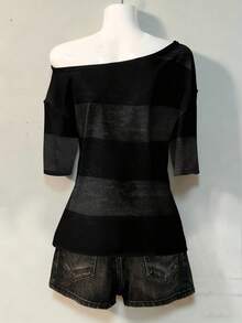 Attitoon Striped Casual Loose Plus Size One-Shoulder Drop Shoulder Short Sleeve T-Shirt, Comfortable & Relaxed College Style For Plus Size Women - Multicolor - View 2