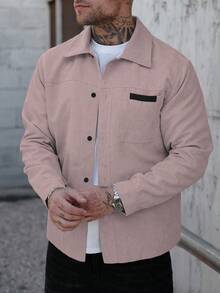 Manfinity Homme 男士衬衫外套 男士前扣长袖口袋简约衬衫夹克 休闲日常装 男士夹克 男士衬衫外套 秋冬男士夹克 男友礼物 出门保暖长袖休闲灯芯绒法兰绒外套 - 粉色 - 查看 4