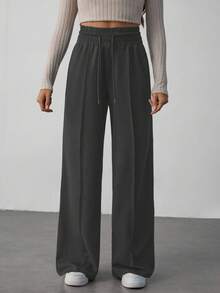 SHEIN Tall Solid Drawstring Waist Wide Leg Sweatpants - Dark Grey - View 7