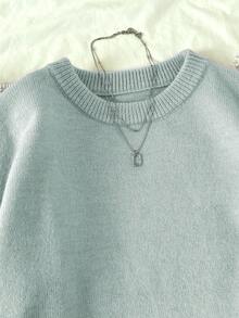 Elamini Women's Solid Color Crew Neck Long Sleeve Casual Pullover Sweater, Autumn/Winter - Light Grey - View 3